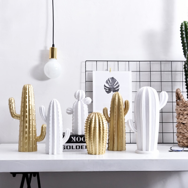 Ornement de Cactus doré ou blanc de style nordique | Décor de maison en résine belle Figure de Catcus plante de Simulation faite à la main pour maison et magasin