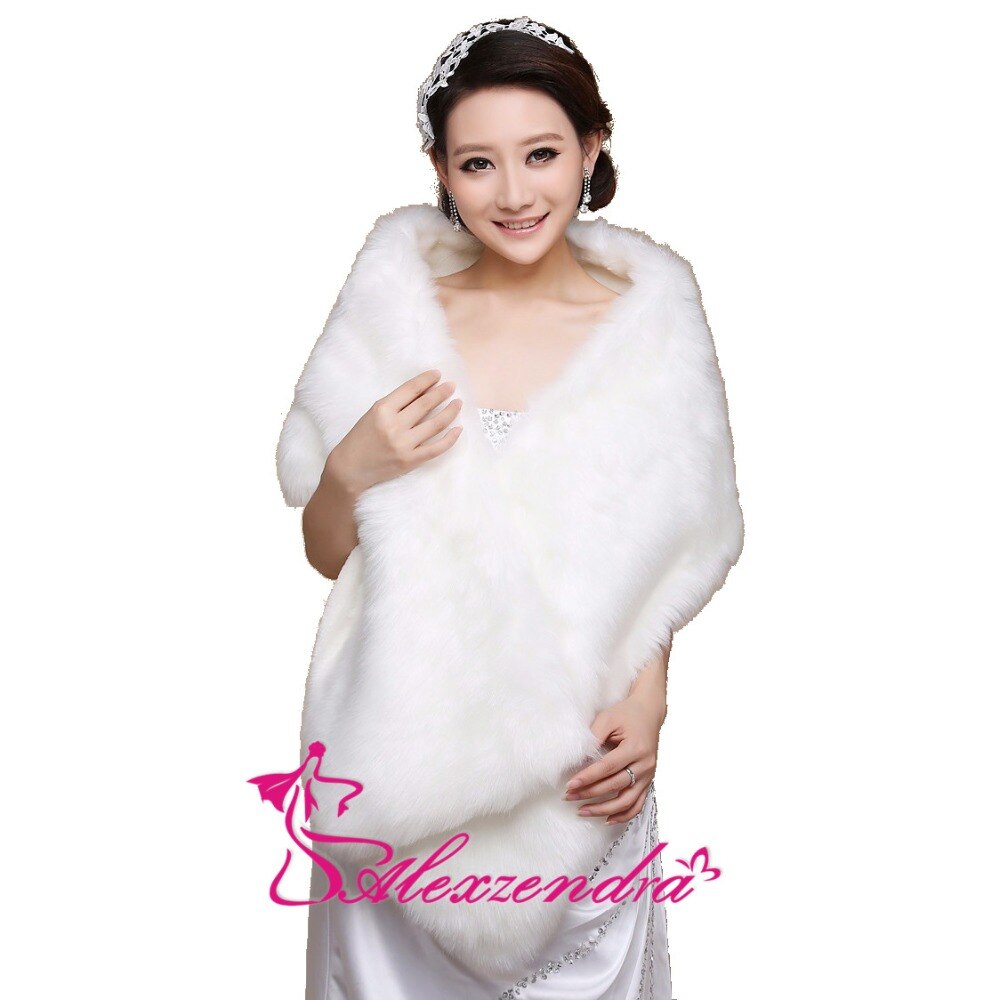 Alexzendra Cheap Wedding Wraps White Long Faux Fur Wrap Shrug Bolero Coat Bridal Shawl Jacket Bridal Gowns Winter Autumn Spring