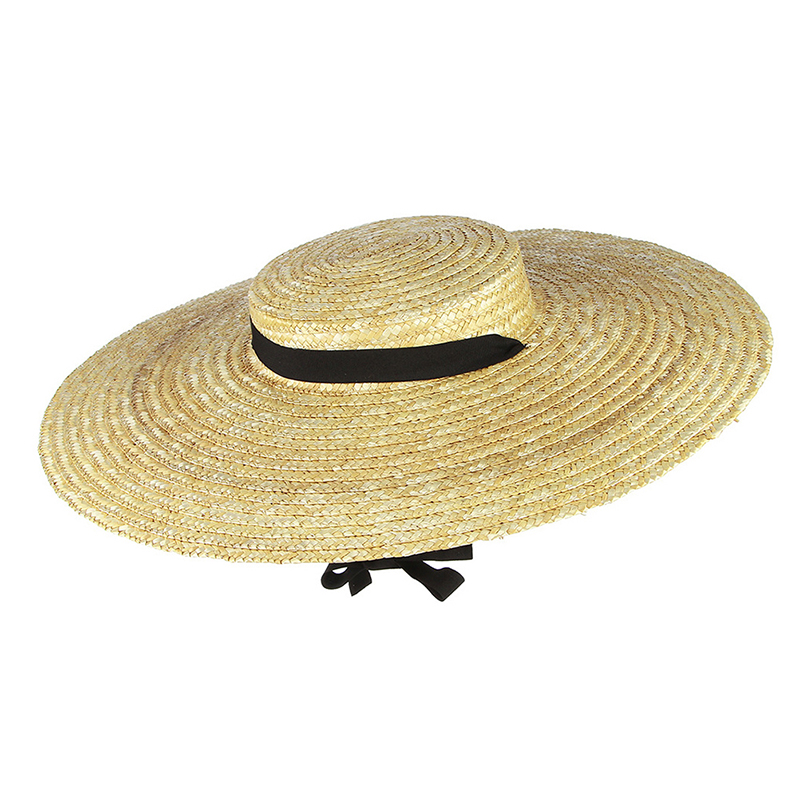 Chapeau de canotier à large bord pour femme, chapeau de paille à bord plat pour femme, chapeau de soleil d'été avec ruban blanc et noir, casquette de plage, 12cm, 15cm, 18cm