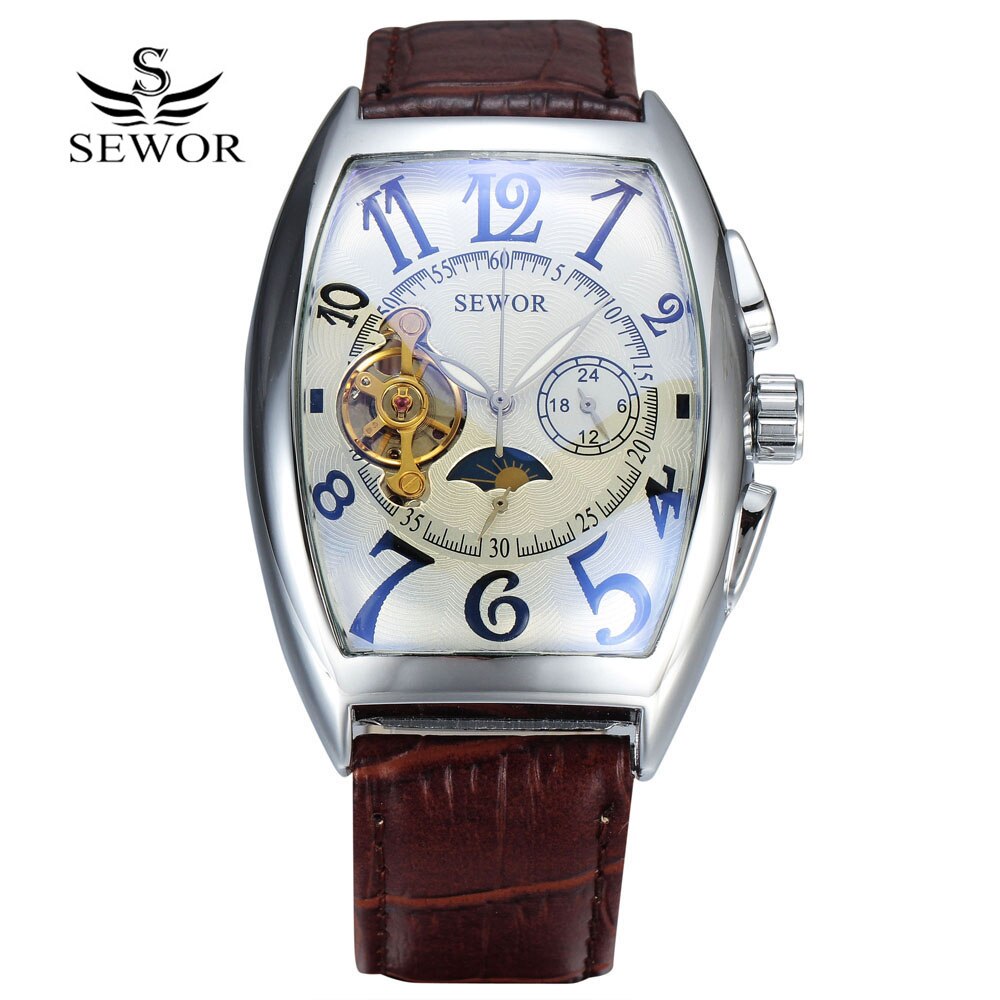 SEWOR Luxury Tourbillon Watches Men Automatic Mechanical Watches Tonneau Watches Casual Men Watches Moon Phase reloj: 15577white