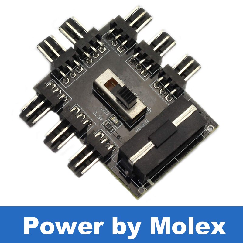 Molex-Hub DE VENTILADOR DE 4 pines IDE o SATA a 8 canales, 3 pines, 12V, divisor, adaptador PCB con Interruptor de velocidad de ventilador de 2 niveles, alto y bajo: Power by Molex