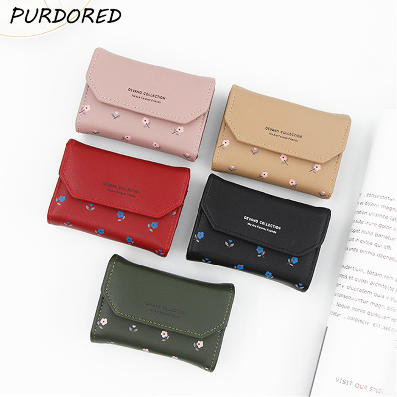 PURDORED 1 Pc femmes porte-carte à fleurs PU petit crédit porte-carte s femme minimaliste portefeuille fermeture éclair porte-monnaie mignon ID supports