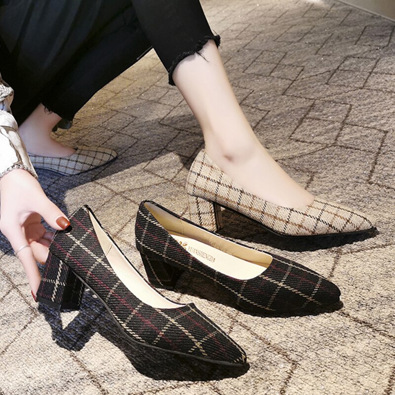 Plus Size Women Dress Shoes Ol Office Lady Shoes Costume Tweed Pump Plaid Boat Shoes Pointed Toe Ladies Shoe zapatos mujer 7905N