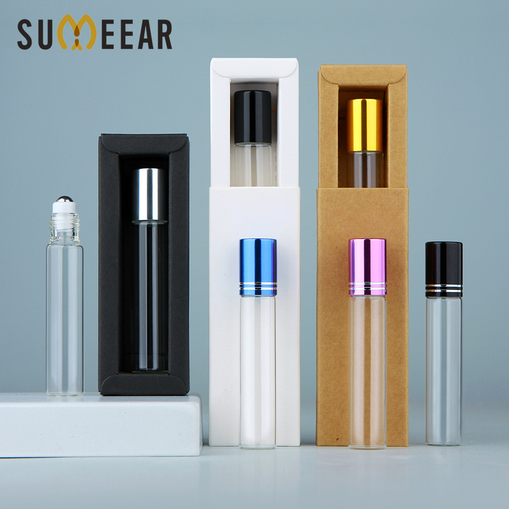 50Pcs/Lot 10ml Clear Glass Roller Essential Oil Bottle With Box Roll On Perfume Bottle Cosmetics Container Print LOGO Pay Extra
