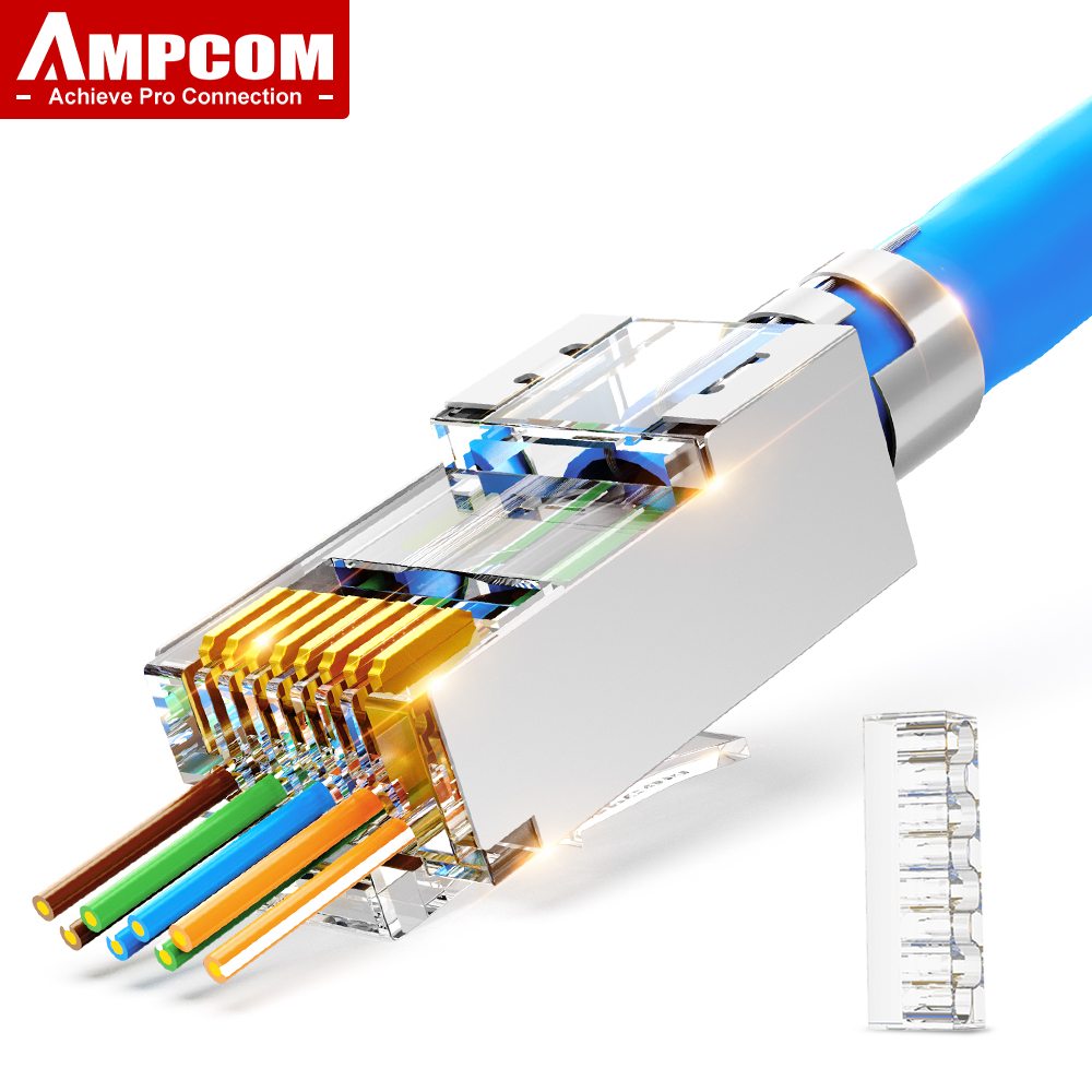 AMPCOM CAT7 RJ45 Connector, Pass Through CAT6A rj 45 Ethernet Plug for CAT 7 Solid or Stranded Network Cable with 1.5mm Load Bar: Orange / 0.9m