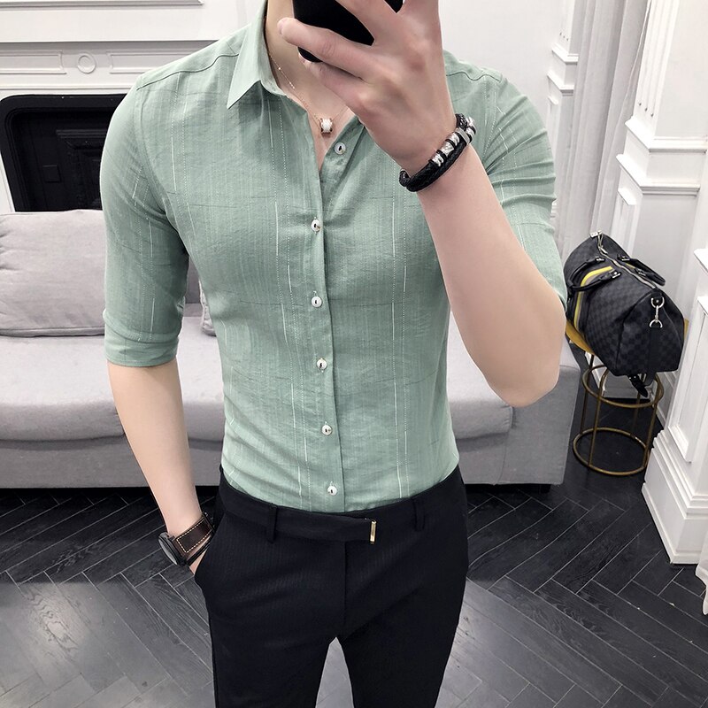 Sommer halvermet herre sosiale skjorter merke slim fit formell skjorte herre slim fit casual streetwear bluse homme