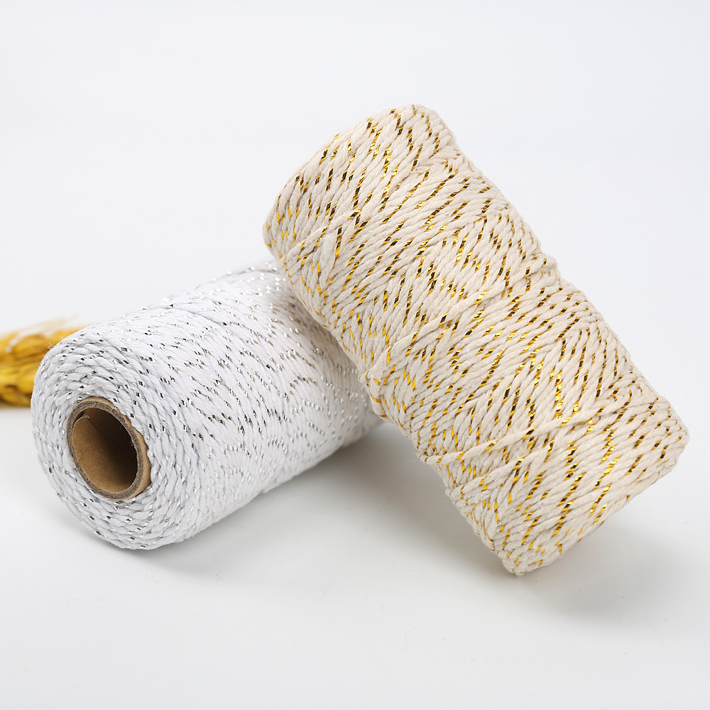 Corde di cotone glitterate da 100 m x 2 mm Filo di cotone metallico Corde intrecciate Stringa di macramè Nastro di cordoncino di spago per la decorazione domestica Confezione regalo