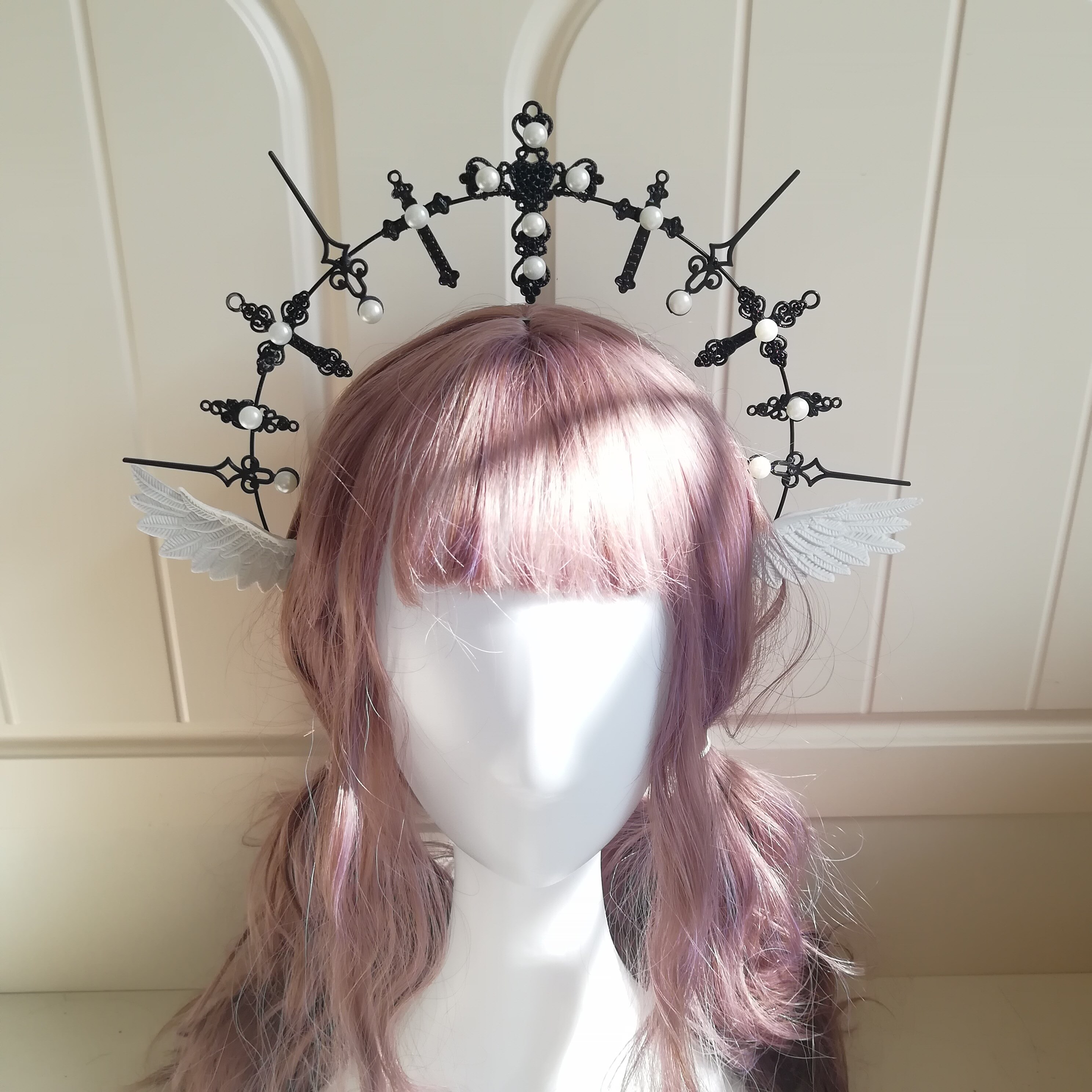 Coiffure de diadème Notre Dame Halo, accessoire Punk, coiffure de Cosplay déesse vierge marie, ailes de style gothique avec perles, Lolita