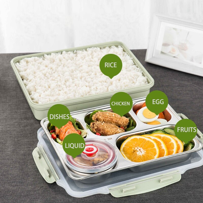 5 Compartments Lunch Box Stainless Steel Leak-proof large Bento Boxes Soup Container School Dinnerware