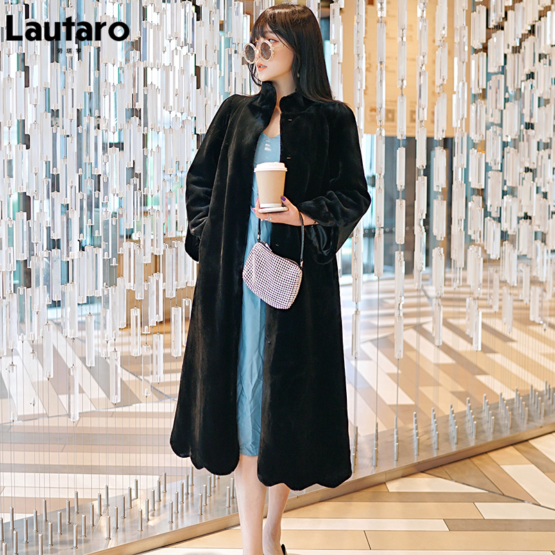 Lautaro winter lange zwarte imitatiebontjas voor dames met opstaande kraag en een dikke, warme, pluizige jas, plus size dameskleding: S