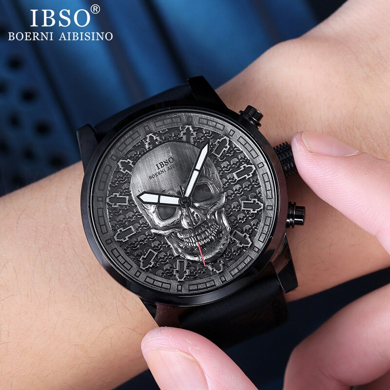 Ibso herenhorloges met schedel, quartzhorloges in punkstijl voor heren, hiphop sporthorloge, waterdicht, urenteller