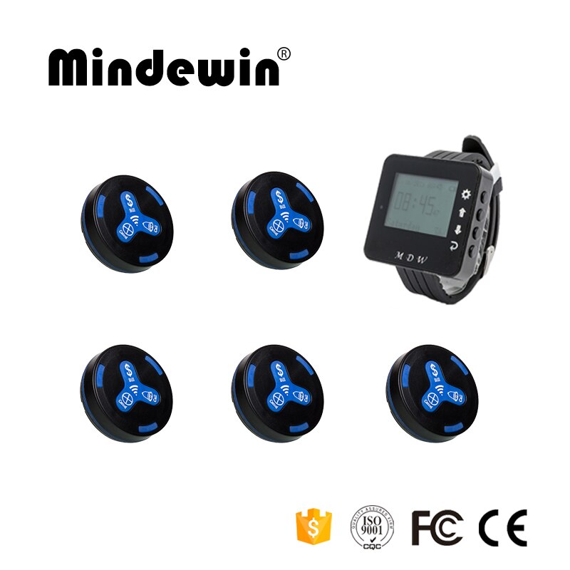 Mindewin 433MHz Wireless Calling System 5pcs Call Transmitter Button + 1pc Watch Receiver for Hospital Hotel Paging System: black blue