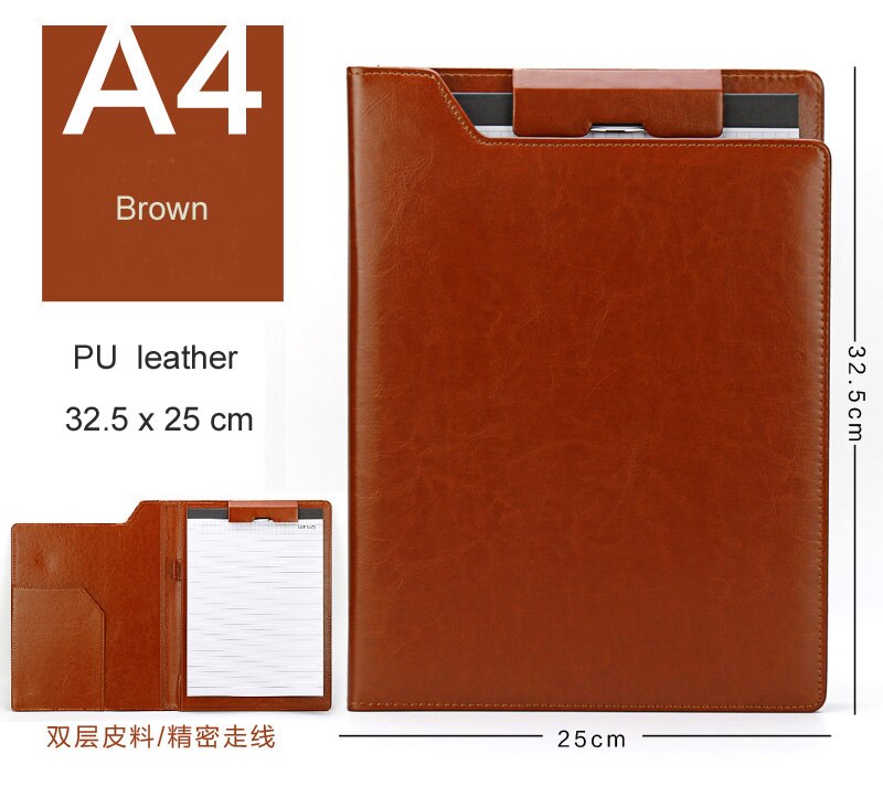 A4 Office Filing Organizer PU Leather Padfolio Portfolio Business Conference Folder Contracts Menus Folders Memo Pad Clip Holder: Auburn