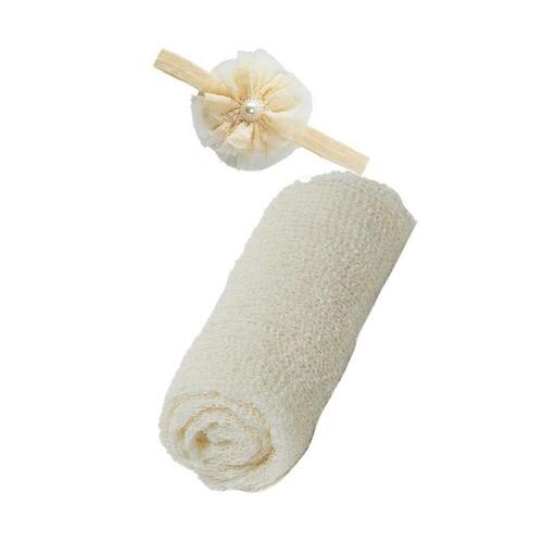 60% 2 Stuks Mooie Elastische Baby Lace Deken Wrap Bloem Hoofdband Pasgeboren Fotografie Prop Kinderen Twee-stuk Fotografie: Beige