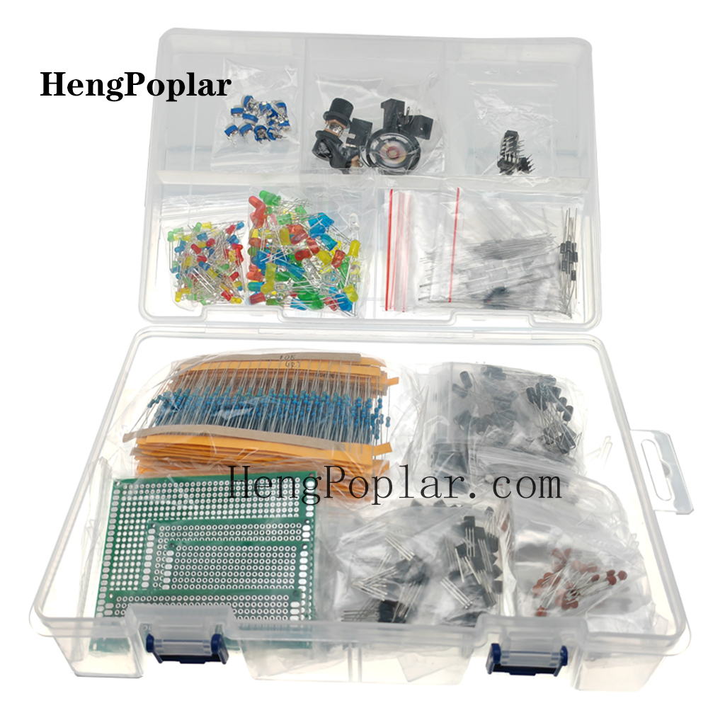 Kit de componentes electrónicos de 1900 piezas, incluida surtido + condensadores + resistencias + LED + transistores + conectores CC + PCB + opamp