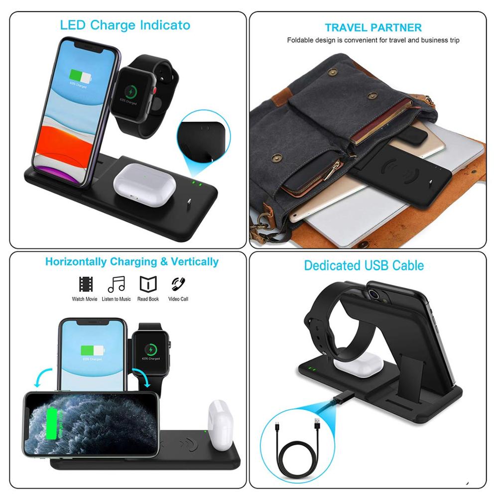 4 i 1 qi 15w rask trådløs lader til iphone 8 x xr  xs 11 samsung  s20 s10 ladestasjon til eple se 5 4 3 2 airpods pro