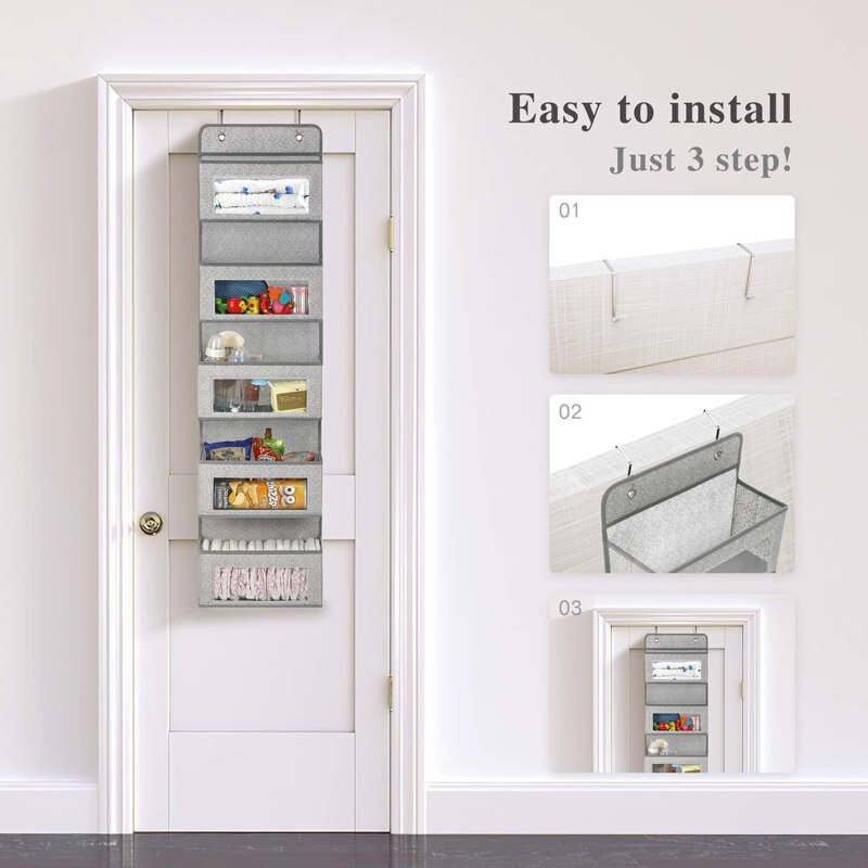 Yaapeet Over The Door Pocket Organizer Hanging Closet Clear Window Storage Bag with Mental Hook Children Nursery Closet Home: Gray