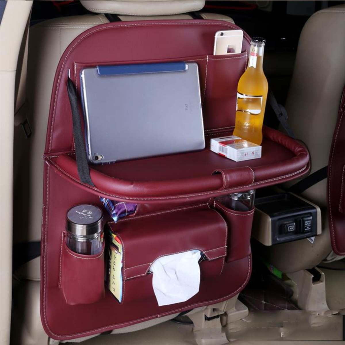 Soporte plegable para taza de coche, organizador Interior multifunción para coche, soporte para asiento de vehículo, soporte para botella de teléfono, soporte para bebidas, cajas de comida, bandeja: Rojo