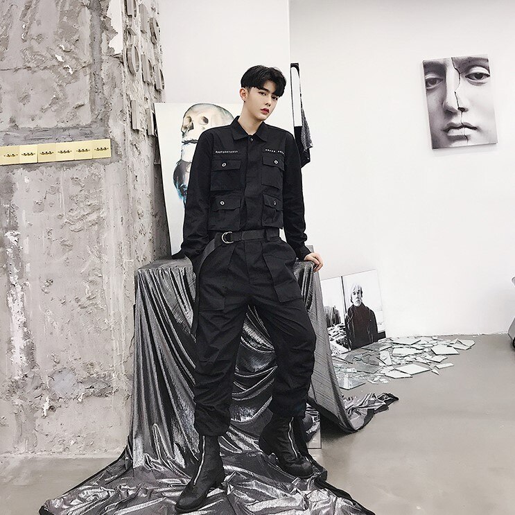 Spring Autumn streetwear Jumpsuit Men Rompers One Piece Overalls Mens Casual Multi Pockets Pants Male Clothes: S / black