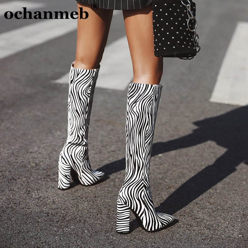 ochanmeb Zebra Print Knee High Boots Women's Big Size 43 Thick High Heeled Autumn Winter Long Boots Woman Pointed Toe Fall Shoes