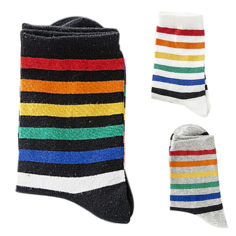 Women Teen Girls Harajuku Rainbow Striped Crew Socks Preppy Style Hip-Hop Skateboard Cotton Novelty Sports Short Tube Hosiery