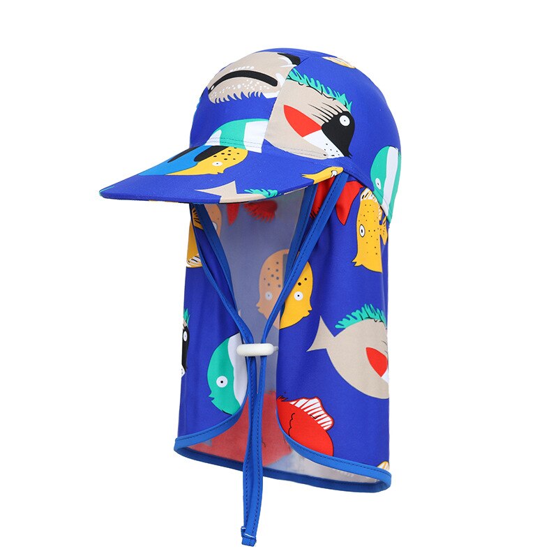 Gorra para niños con protección de cuello cubre el sol para niños gorra de natación UV de sombrero de ala grande playa ajustable de verano con cubierta de oreja: Blue fish