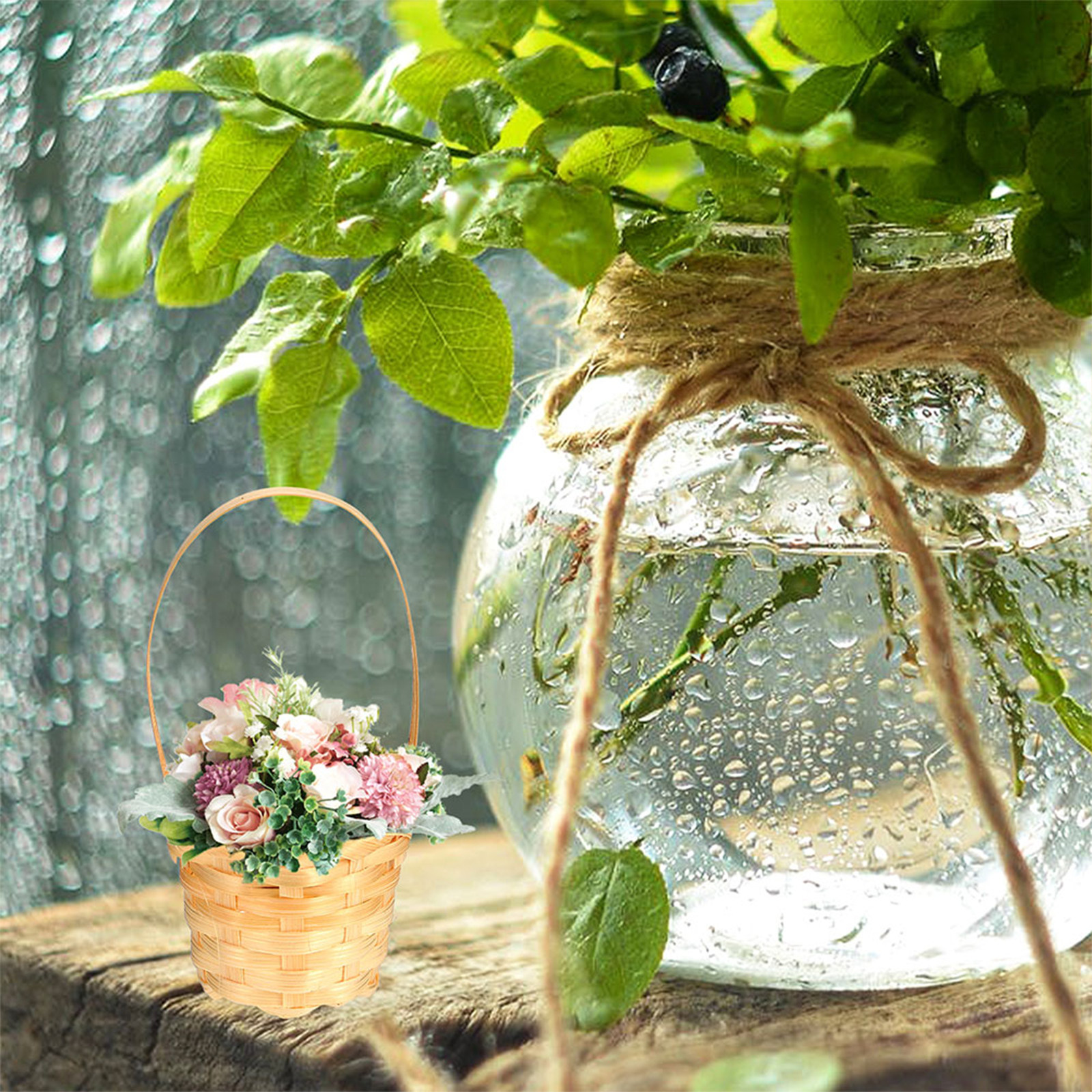 5 kleine handgeweven bamboemandjes, multifunctioneel als bloemenhouder voor kunstbloemen, rustieke stijl, huisdecoratie