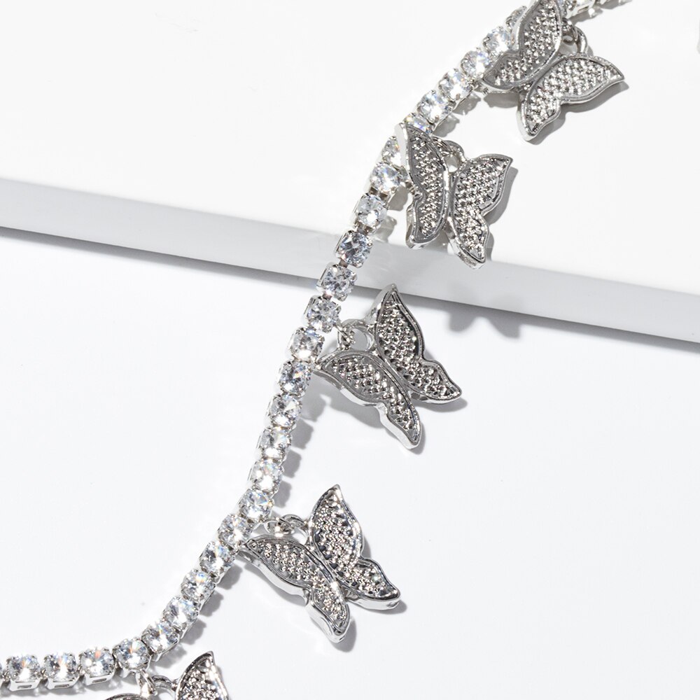 Colliers ras du cou en or blanc pour femmes zircon cubique, pendentif papillon bijoux de fête accessoires de