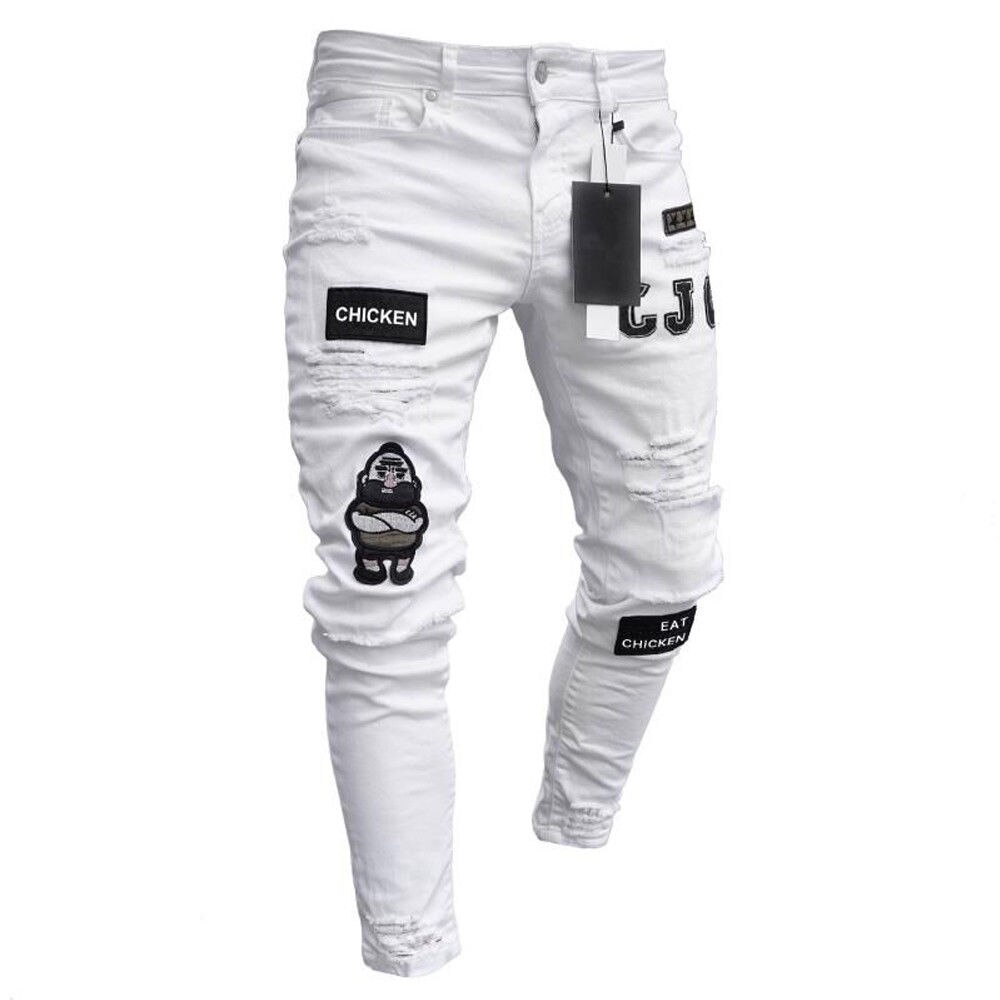 Jean de motard mince extensible déchiré pour hommes, Jean de rayé avec broderie de motard, Denim imprimé, trous et destruction, coupe Slim, 3 Styles: WHITE / M