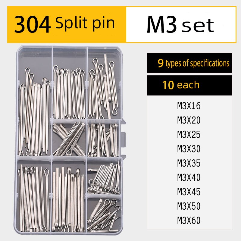 Pin key set DIY boxed 304 stainless steel cylindrical pin elastic pin split pin multi-specification combination set: Split(pin(M3Set