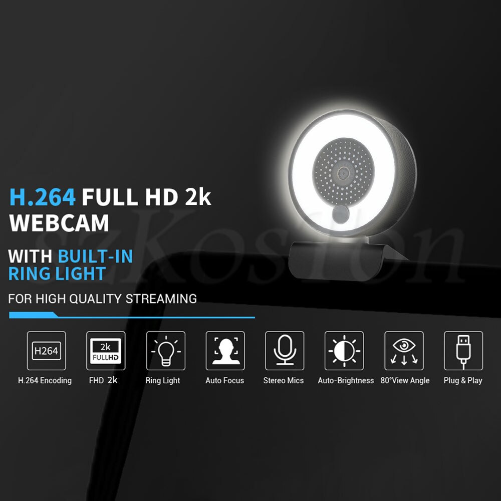 Hd autofocus webcam luz com tripé suporte 1080p 2k câmera web para computador twitch câmera com microfone anel luz web cam