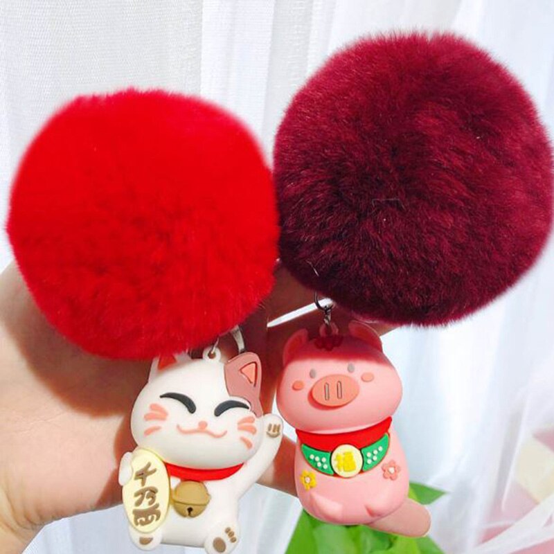 1 pc schattige gelukskatten in de vorm van een varken in de vorm van een haarbal, sleutelhanger van pluche, tashanger en accessoires voor meisjes.