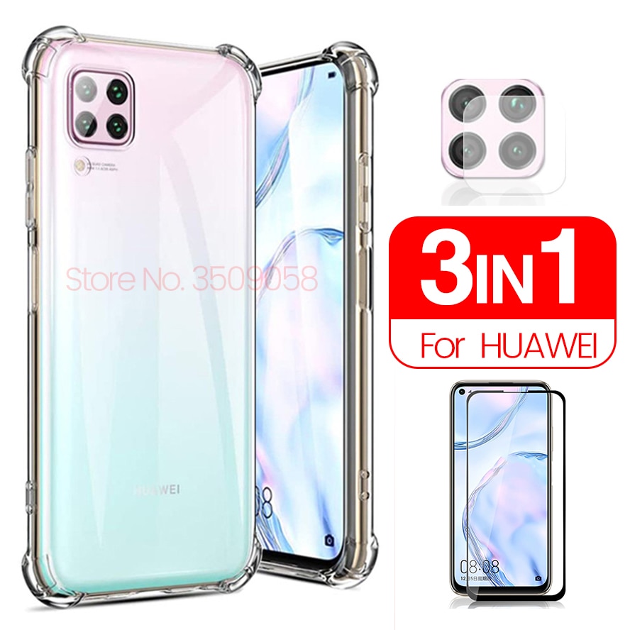 3-in-1 hauwei p 40 lite чехол camera glass + soft clear airbag case for huawei p40 lite light lait glass protective shell cover