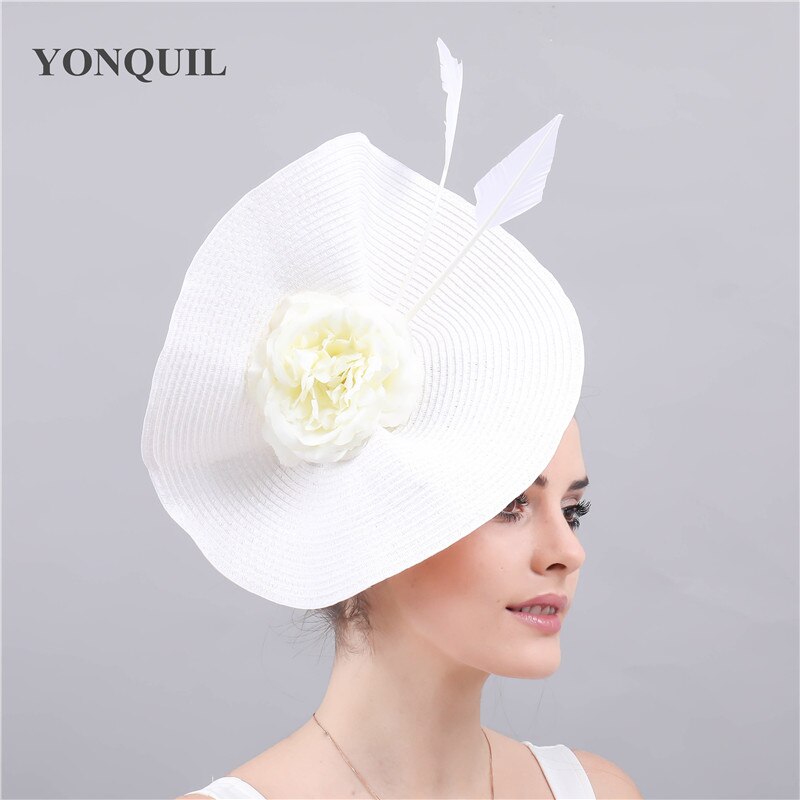 Grand chapeau de mariage blanc en paille pour femmes, Imitation, couvre-chef pour mariée, fascinateur, avec fleur à la , accessoires pour cheveux