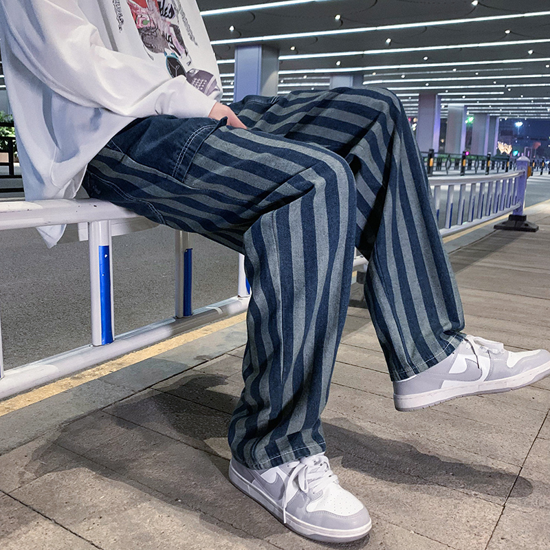 Men's Blue Striped Baggy Jeans 2022 Spring Korean Y2k Style Denim Straight Wide Leg Pants Male Branded Trousers