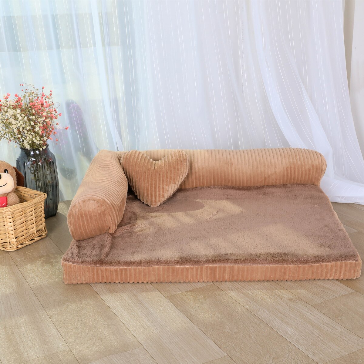 L Vorm Hond Bed Bank Met Hart Kussen Verwisselbare Cover Waterdichte Zachte Slapen Kussen Grote Kat Kussen Puppy Mat Huisdier levert: Kahki / S