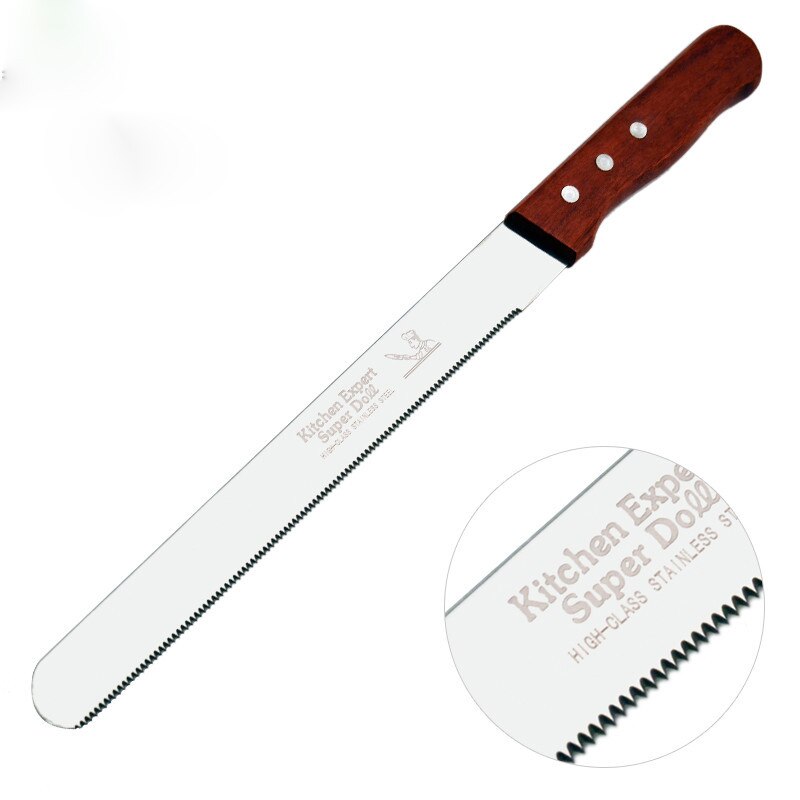 10 Inch Stainless Serrated Bread Knife Wooden Handle Long Baguette Cutter Cake Knife Kitchen Accessories Baking Tools: C