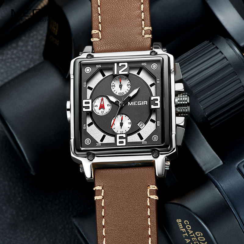 Megir herre firkantede quartz armbåndsur ur militær sports casual kronograf stopur læder relogios maskuline 2061 brun