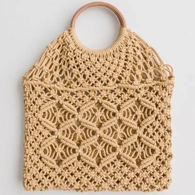 Popula Cotton Rope Hollow Straw Bag Sheer Macrame Tote wooden ring rattan handle Net Bag Vintage Retro Chic handbag: brown / no lining