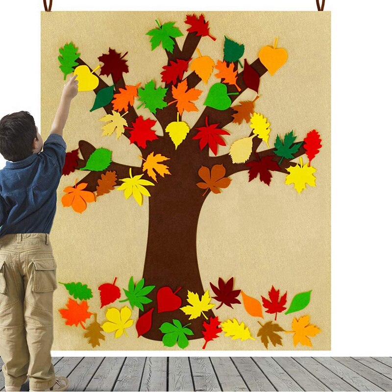 Fall Tree Of Thanks Craft Kit Felt Fall Tree Board with 52 Pcs Detachable Autumn Leaf Ornaments Autumn Bulletin Board for Kids C
