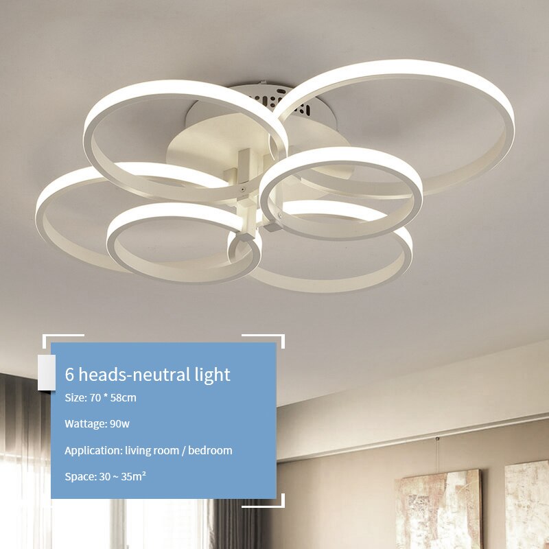 Led lysekrone lys til stue spisestue køkken soveværelse hjem moderne rektangel loftlampe lysarmaturer: 6 hoveder cirkel / Sort farve / Kølig hvid