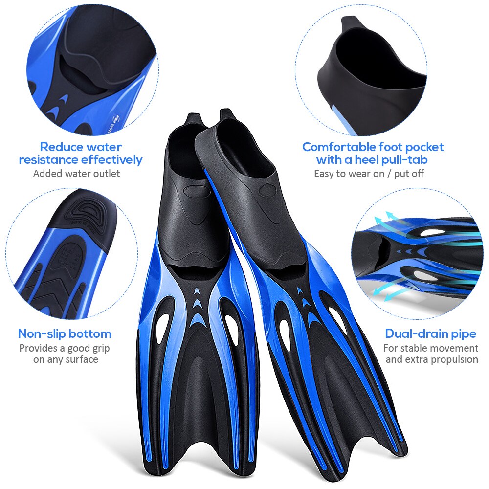 Adult Long Snorkeling Fins Full Foot Pocket Flippers Light Swim Fins Scuba Diving Flippers Snorkeling Gear Snorkeling Equipment