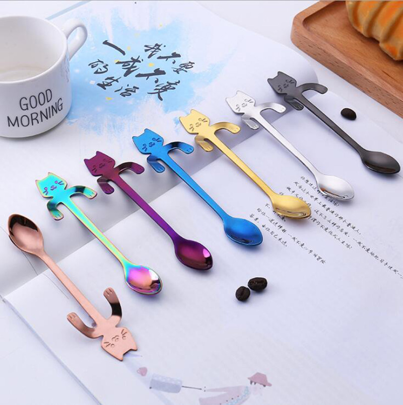 Mini Coffee Spoon Tea Spoon 304 Stainless Steel Kitty Cat Gold Teaspoon Tableware Dessert Long Spoon Handle Dinnerware