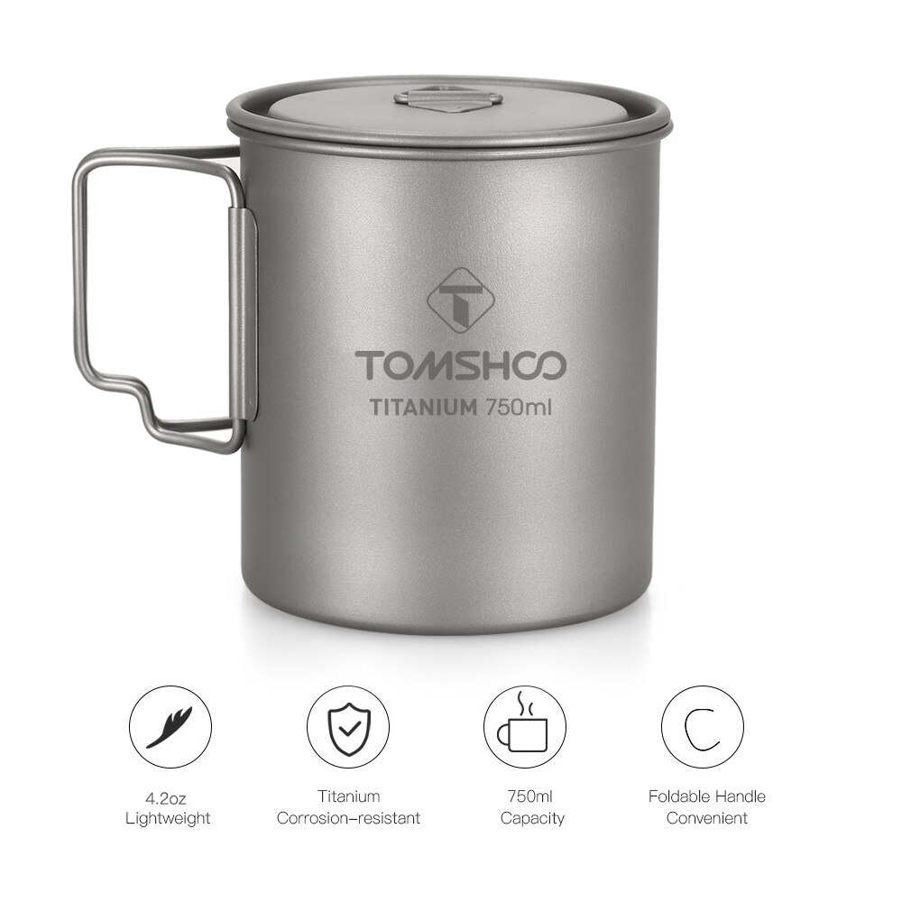 Tomshoo Ultralight 750Ml Titanium Cup Outdoor Draagbare Camping Picknick Water Cup Mok Met Opvouwbare Handvat
