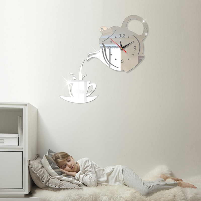 Taza de acrílico para café, tetera, 3D Reloj de pared, relojes decorativos de pared de cocina, reloj de decoración para el hogar, Relojes de pared de cocina, sala de estar