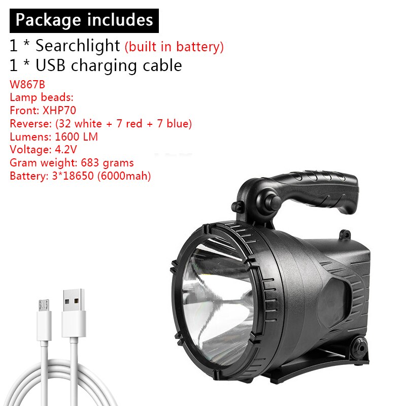 Most Powerful LED Portable Spotlight Flashlight Searchlight with P90 Lamp Beads Suitable for Outdoor Camping Lampe Led Torch: W867B P70