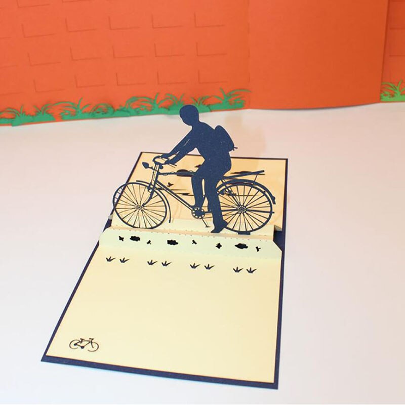 Meilleure papier pour bricolage coupe Pop Up carte de voeux de vélo 3D à la main équitation un vélo fête des pères cartes avec enveloppe