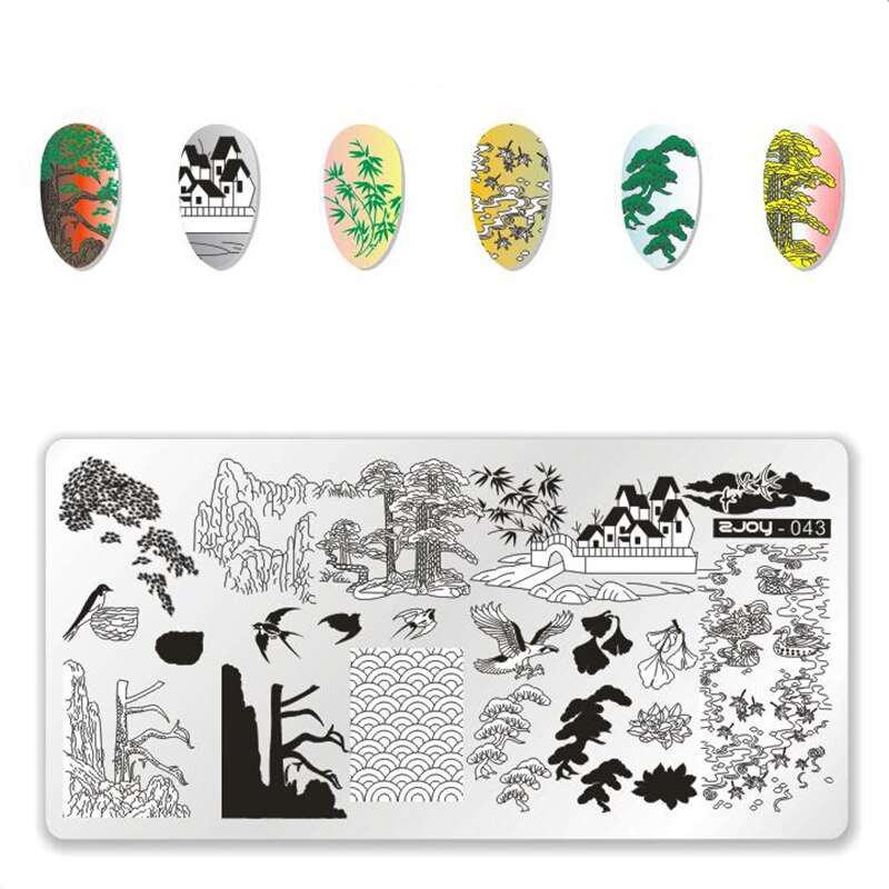 Serie Zjoy placas de estampado para manicura Estilo de China onda grulla salvaje Gazebo dados bambú serie Plantilla de sellos para decoración DIY manicura