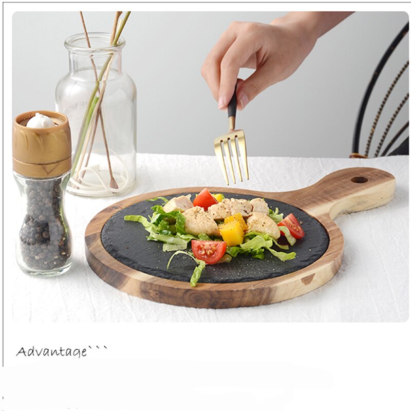 Bandeja de madera maciza americana para pizza, bandeja de madera, plato de pizarra negra, tabla de pan de madera de acacia, comida occidental, cocina japonesa, juego pla