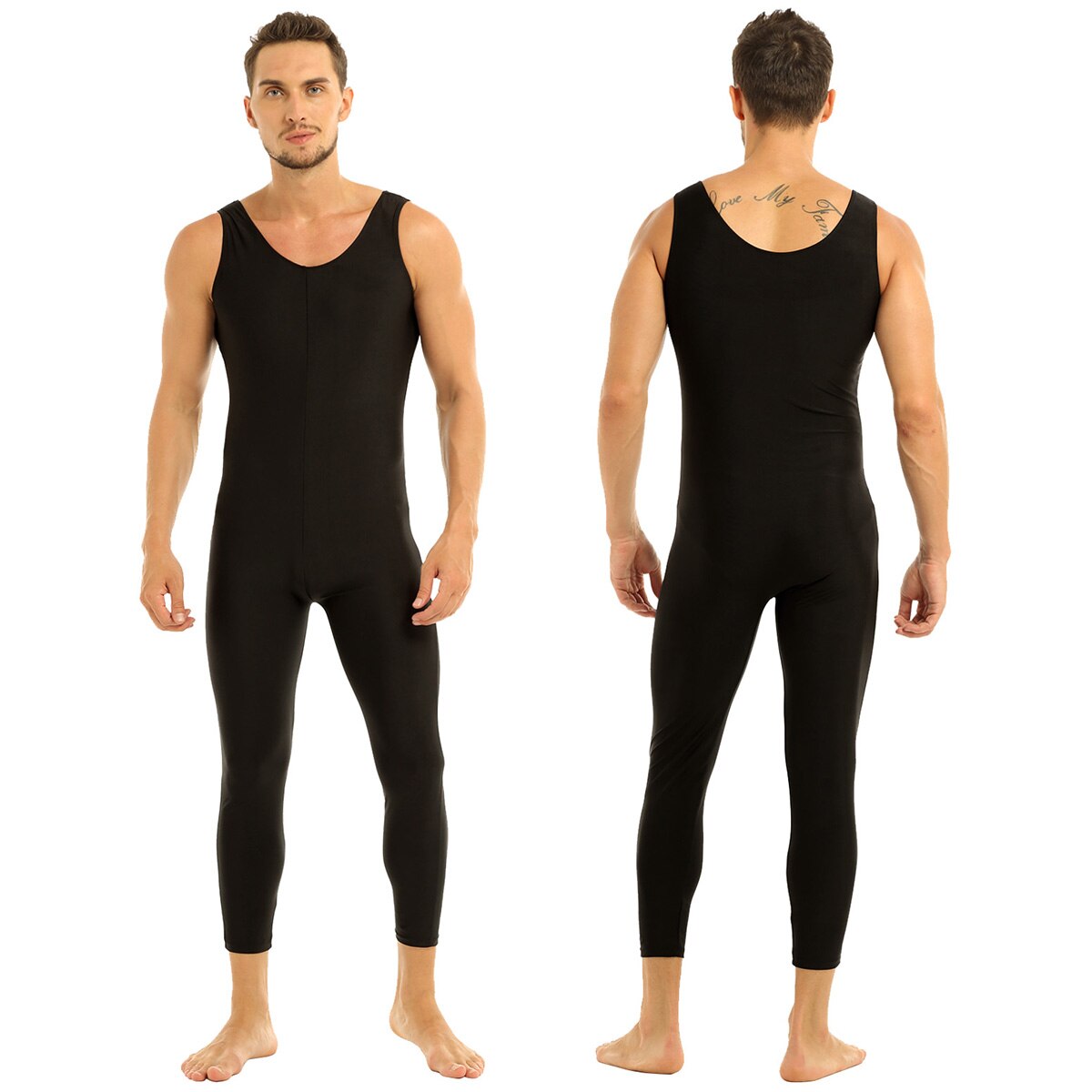 Sexy Mens Adults Well Fit One Piece Scoop Neck Sleeveless Skin-Tight Solid Color Vest Unitard Bodysuit Dancewear for Performance: Black / M